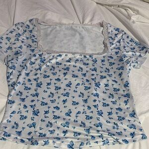 SHEIN White and Blue Floral Square-Neck Short Sleeve Top
